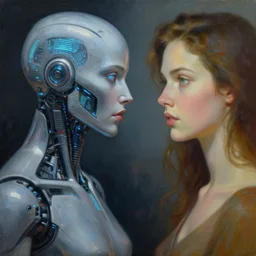 futuristic painting by wayne barlowe. portrait of a slick futuristic cyborg with lcd screen skin looking at a painting of a beautiful woman staring at them. juxtaposition. intricate details