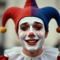 realistic photo of a blurred face of a jester, smiling through his pained tears emitting aura, 1 9 6 0, life magazine photo, natural colors, metropolitan museum, kodak, 8 k, very detailed, high resolution, product photo,