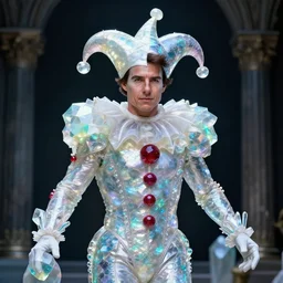 a cinematic shot of a hyperdimensional jester, tom cruise, opalescent quartz, gemstone, 4k detailed hyperrealistic digital photo by Andy Thomas, Mario Martinez, Daniel Mirante, Gustave Dore, Artstation, CGsociety, masterpiece