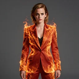 Emma Watson in suit made of fire, 8k UHD, studio photography, high quality, high detail, stunning lighting