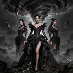 character design by ilya kuvshinov, martine johanna, jakub rebelka ( ( ( portrait of hoyeon jung in seductive luxurious evil dress ) ) ) emerging from violent tornado, sharp edges, ultra detailed, majestic, intricate, high - end