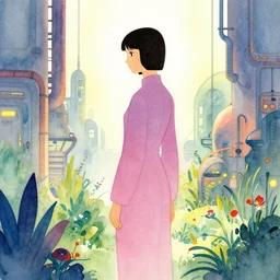 technopriestess in a futuristic industrial garden. watercolor by moebius, clamp and arina tanemura, backlighting, vibrant palette, minimalism.