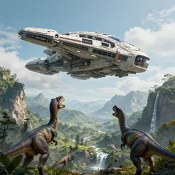 hyperrealistic alien spaceships landing on earth as dinosaurs looks up, mountains, greenery, waterfall, artstation, an epic fantasy, cinematic lighting, hyper realistic, photographic, sharp focus, by greg rutkowski and artgerm
