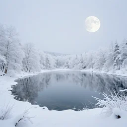 lake in a totally divine white place with a moon in style of greg rutkowski, trending on artstation