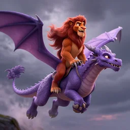 super - detailed disney's lion king riding a purple dragon in a storm, ultrarealistic, highly detailed, soft colors