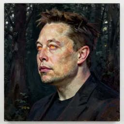 painted portrait of elon musk, side profile, fiery eyes, standing in the dark forest, upper body, intricate elegant extremely detailed digital painting trending artstation concept art sharp focus illustration art by gustave courbet greg rutkowski craig mullins