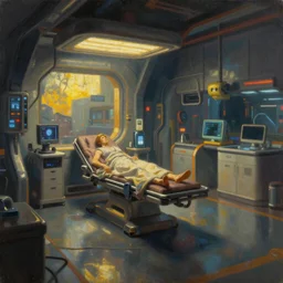 a beautiful painting of a futuristic cyberpunk hospital room, atmospheric lighting, olumetric lighting, beautiful, rich deep colours masterpiece, golden hour, sharp focus, ultra detailed, concept art by Dan Mumford and marc simonetti Trending on artstation