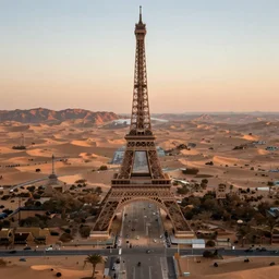 photo of Eiffel Tower in Sahara desert, 8K, realistic, magic hour, aerial view