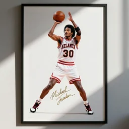 Michael Jackson playing basketball for the Atlanta Hawks, NBA poster, signed by Michael Jordan,