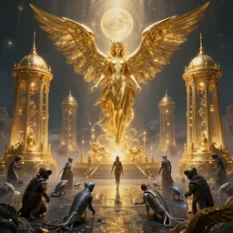 Prey upon and gain power through granting wishes to other beings, golden age seraph bunkers, celestial regulator, art by Richard Kane Ferguson and Jesper Myrfors, high detail, cinematic, cgsociety 8k