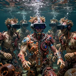 junky men underwater, luminosity, cybertronic gadgets and vr helmet, flesh + technology, durty colours, mid shot, rotten textures, rusty shapes, biotechnology, norman rockwell, tim hildebrandt, dariusz zawadzki, bruce pennington, larry elmore, oil on canvas, deep depth field, masterpiece, cinematic composition, hyper - detailed, hd, hdr