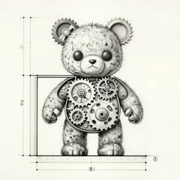 cross section blueprint for a furby with gears and cogwheels, detailed, 4 k, cross section blueprint, scanned