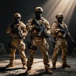Navy SEALs posing after a successful mission, weapons dangling, digital art