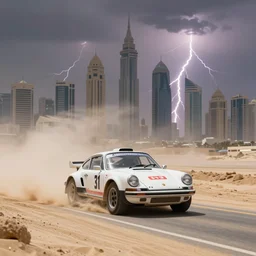 a 70's porche rally car races down a sand covered 2 lane road, towards the high rises in Dubai in front of a dust storm, lightning bolts strike in the sky, sun shines down on the car, there is a magical ambiance in the air