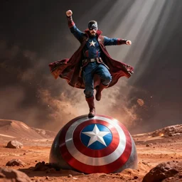dr strange dancing on top of captain America's shield on mars realistic photo