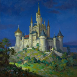extremely detailed landscape oil painting of Hyrule Castle at night, 4K, trending on ArtStation by Thomas Kinkade