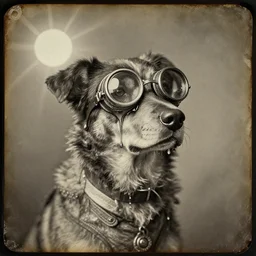steampunk dog with goggles melting in the sun, Early, wet plate photography, colloid