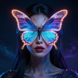 a portrait of a beautiful woman with a neon butterfly covering her face head, cult secret society art by james paick, and shaddy safadi, ominous, cosmic magic, trending on artstation, ultra detailed, hyper realistic 4 k, octane, cinema 4 d, c 4 d render