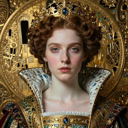 face centered portrait, artwork by james jean, hyperdetailed realistic smooth polished patterned porcelain, beautiful young medieval queen, jean delville, art nouveau, gustav klimt, ornate metal patina gothic icon, james jean, ultrasharp hyperdetailed photorealistic octane render, iris van heppen, visionary, surreality