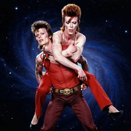 david bowie giving a piggy back ride to ziggy stardust. glam rock. cosmic. patrick caulfield