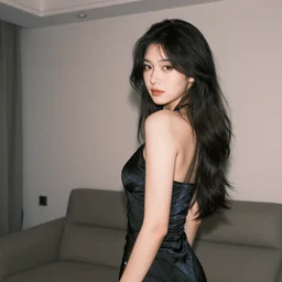lo-fi girl in an evening dress, home photo