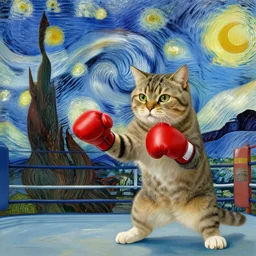 a feline boxer fighting in a ring, in the style of vincent van gogh