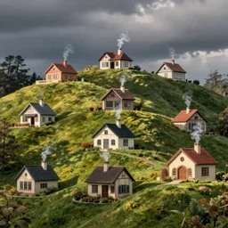 “ an idyllic hill with many small frank lloyd wright houses with cute stylized smoke rising from their chimneys ”