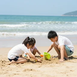 a family at the beach playing in the sand