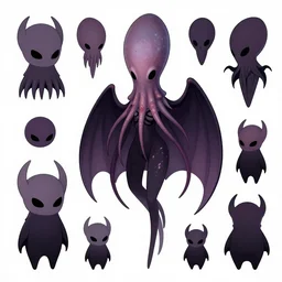bipedal vampire squid character designs of various shapes and sizes for fanart of the game hollow knight