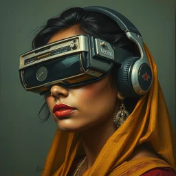 detailed potrait of pretty srilankan woman blindfolded with high tec vr headset madeout of vintage radio,, painting by james jean, craig mullins, j. c. leyendecker, lights, art by ernst haeckel,
