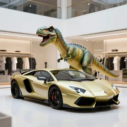 lamborghini with dinosaur near a obi store, highly detailed, concept art, art by wlop and artgerm and greg rutkowski, masterpiece, trending on artstation, 8 k