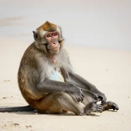 an albino monkey relaxing on the beach