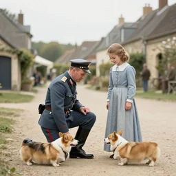 ultra wide 1 9 4 6 blurry historical photo of a single german general kneeling, a young queen elizabeth watches him, french village exterior, her brown and white corgis are next to her, highly detailed, sharp focus
