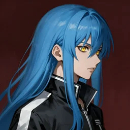 profile shot of rimuru tempest, sky blue straight hair, long bangs, gold eyes, wearing a black jacket with white stripes, high collar, ultra detailed, wild brush strokes, digital painting, cinematic, wlop, closeup, pixiv, color block, eerie, scary, yoshitaka amano, andy warhol