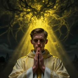 Close up of a young, thin and stern catholic priest in his thirties fervently praying as he is about to die from the ominous Lovecraftian yellow shadow descending upon him from the night sky. The yellow shadow feels very oppressive and terrifying. Low angle, dramatic lighting. Award-winning digital art, trending on ArtStation
