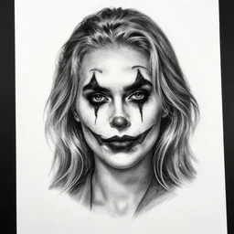 tattoo design sketch of a beautiful blonde female portrait with joker makeup, in the style of den yakovlev, realistic face, black and white, realism tattoo, hyper realistic, highly detailed
