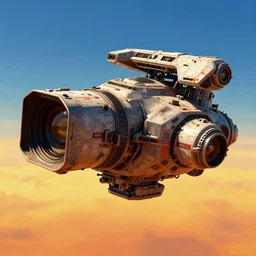 a gigantic hard surface military hardware digital movie camera shaped spaceship floating in the sky, maschinen krieger, ilm, beeple, star citizen halo, mass effect, transformers, elysium, warm saturated colours