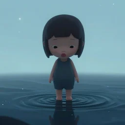cute girl with puckered lips standing on top of water looking down with curiosity into the dark abys with the stars above reflecting onto the water, trending on artstation, trending on deviantart, cinematic lighting, high detail, greg rutkowski, 8 k, light blue sky
