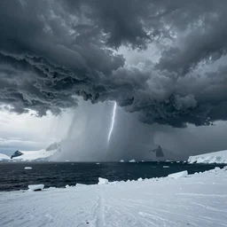 highly detailed photo art of storm on the Antarctica in the style of Greg Rutswoski, wide angle shot, concept art, 8K detail post-processing