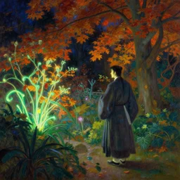 wuxia, autumn, garden, neon light, painting by gaston bussiere, craig mullins, j. c. leyendecker