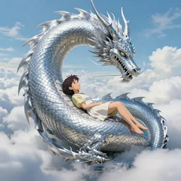 the beautiful hyper detailed scene render that a beautiful girl lies in the arms of a huge silver dragon in the fairyland surrounded by white clouds, in the style of makoto shinkai victo ngai and peter mohrbacher studio ghibli artgerm karol bak beeple, animation style, 8 k hd, dream, trending on cgsociety, trending on artstation, ultra wide angle, animation style, hyperrealism, 3 d render, hyper detailed