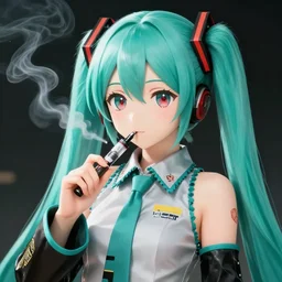hatsune miku high on weed with bloodshot eyes smoking with a vape pen, artstation, 4 k