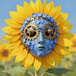 Clockwork forget-me-nots form a sad mask in the faint sunflower glow of a lonely friend, trending on artstation. A vibrant digital oil painting. A highly detailed fantasy character illustration by Wayne Reynolds and Charles Monet and Gustave Dore and Carl Critchlow and Bram Sels