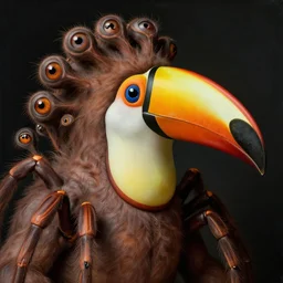 close up portrait of a mutant monster creature with exotic toucan beak, twenty arachnid eyes, fair skin tone. by jan van eyck, walton ford