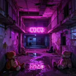 backrooms abandoned mall, ominous neon pink and purple vaporwave lighting, moldy walls and stuffed animals sitting in shallow water
