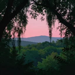 a forested landscape, large hanging tree canopies, pink light on the horizon, mountains, vast foliage, by eyvind earle, volumetric lighting, flat color