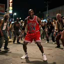 middle shot still of michael jordan in the thriller music video, in the streets, at night, dancing, zombies, wide shot