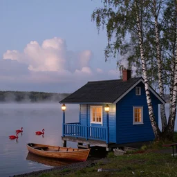 small blue wooden cottage by the lake, lanterns on the porch, smoke coming out of the chimney, dusk, birch trees, tranquility, misty, red swans on the lake, a wooden rowing boat, cumulus clouds, by charlie bowater, by greg rutkowski