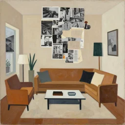 an abstract painting of a living room, a paper collage made of torn black and white photos, magazine cut outs and block color shapes, abstraction of block shapes, earth tones
