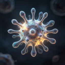 single cell structutre in the center, iridescent radiant light, background of darkness, biology texture detailed, digital painting, artstation
